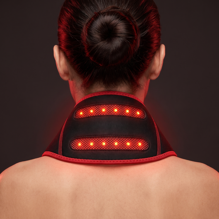Red light neck wrap worn for soothing neck and shoulder relaxation