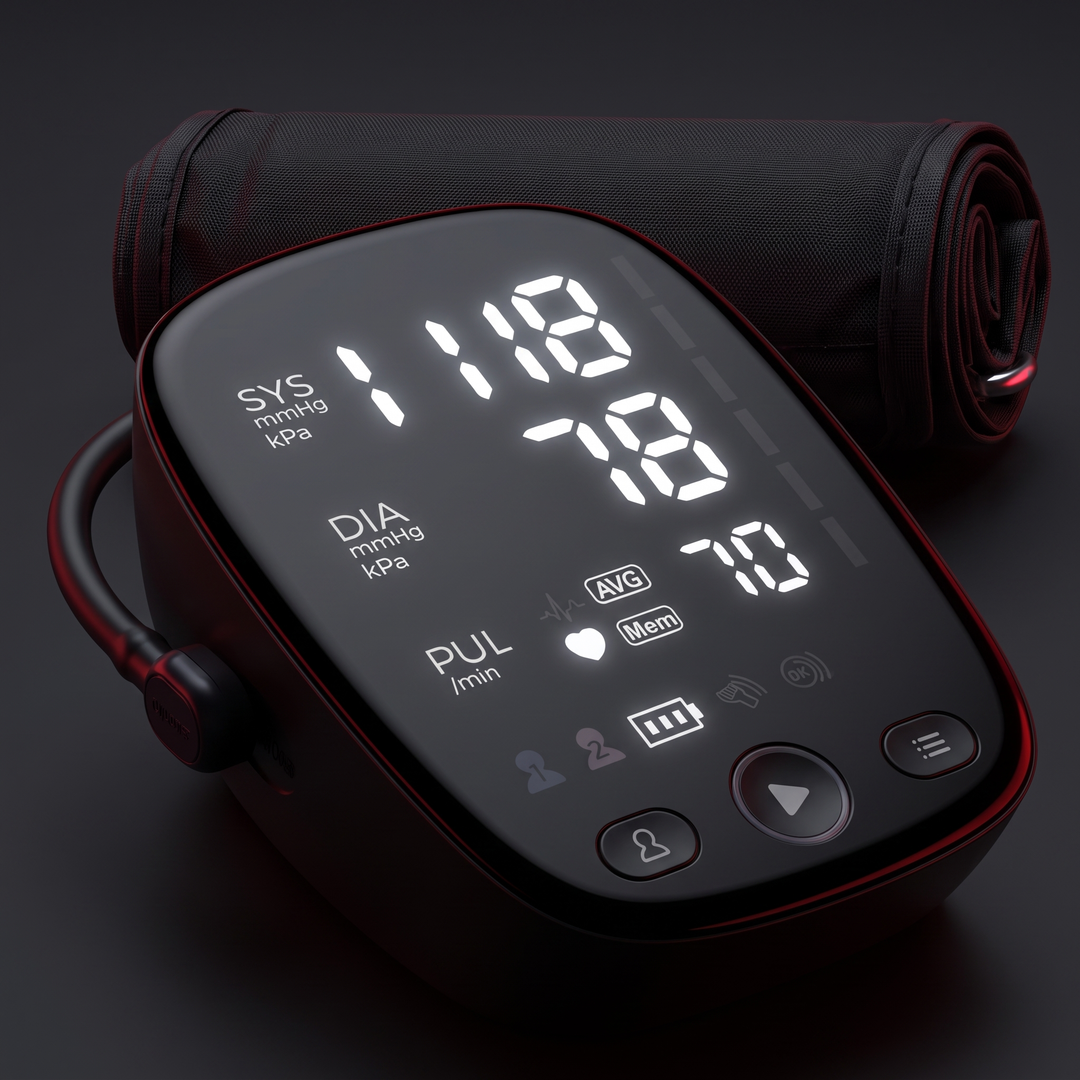 Black digital upper arm blood pressure monitor with adjustable cuff, front three-quarter view