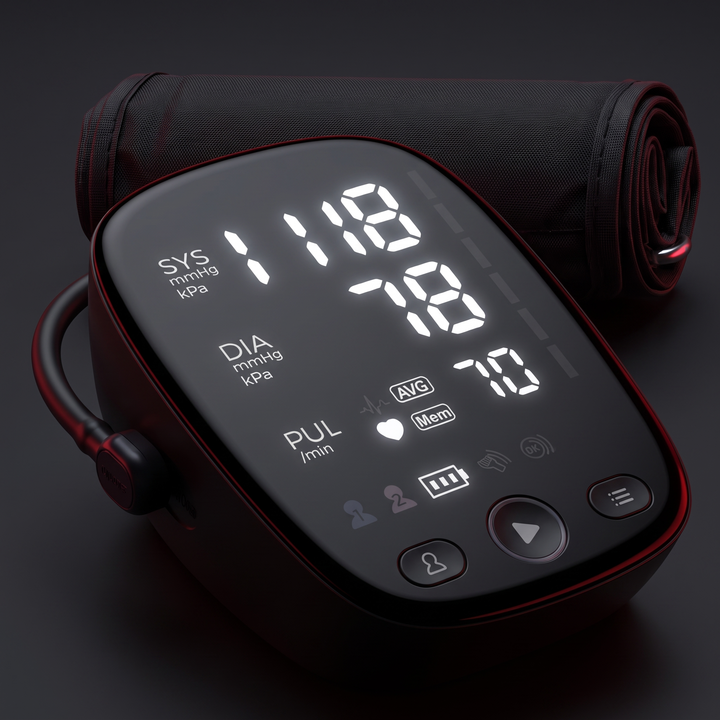 Black digital upper arm blood pressure monitor with adjustable cuff, front three-quarter view