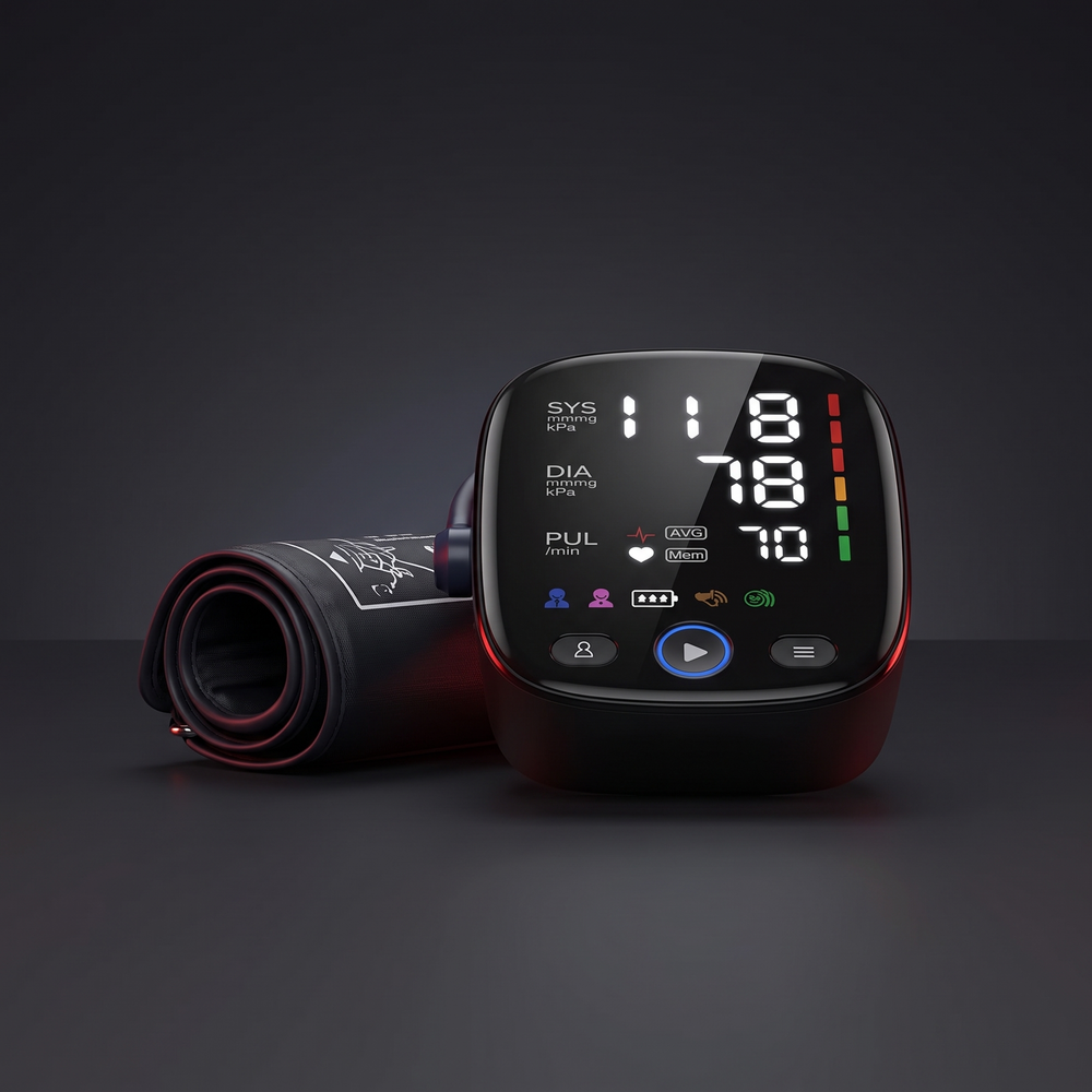 Black digital upper arm blood pressure monitor, front view with adjustable cuff