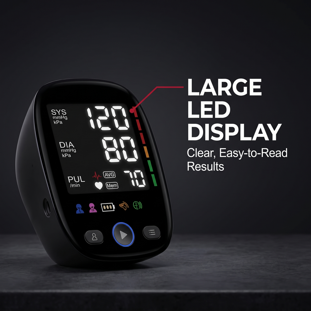Large LED display on digital blood pressure monitor for clear, easy-to-read results