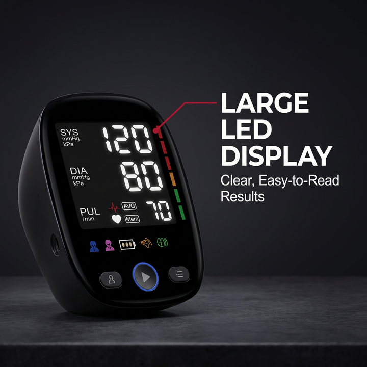 Large LED display on digital blood pressure monitor for clear, easy-to-read results