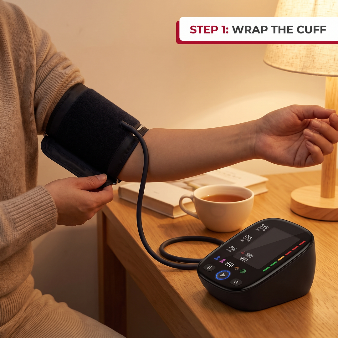 Step 1: wrap the adjustable cuff around your upper arm