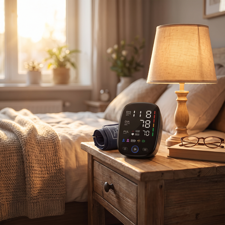 Blood pressure monitor on a home nightstand for convenient bedside use
