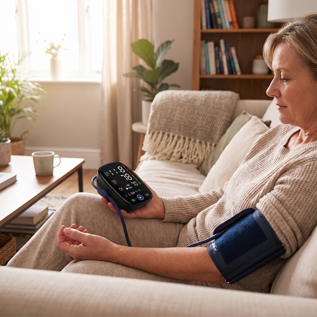 Checking blood pressure at home on the living room couch