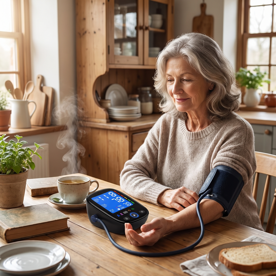 Adult using a blood pressure monitor at the kitchen table at home