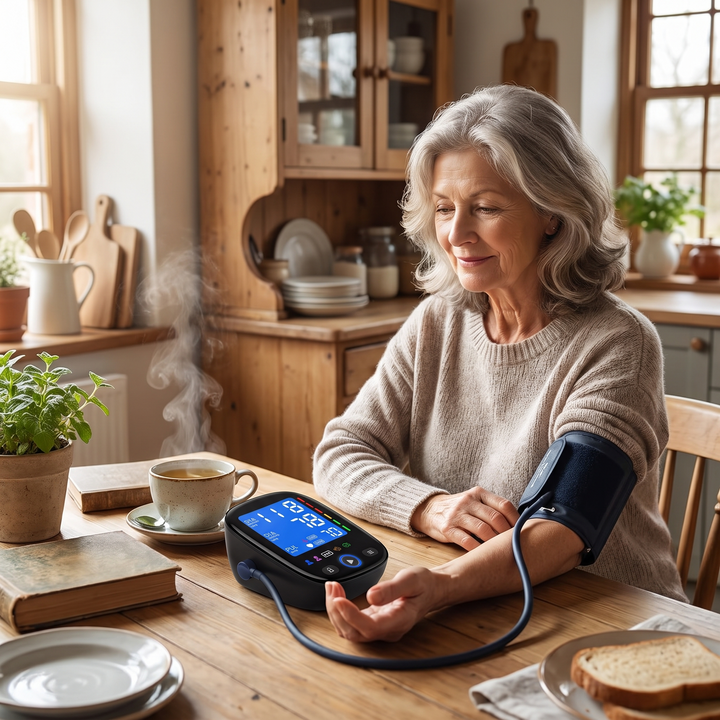 Adult using a blood pressure monitor at the kitchen table at home