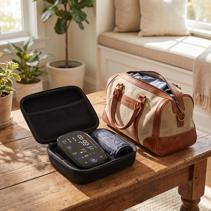 Blood pressure monitor packed in travel carrying case for portable use