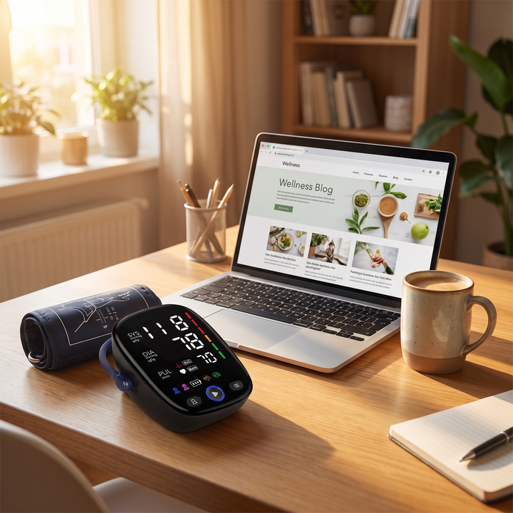 Blood pressure monitor on a home office desk as part of a morning routine