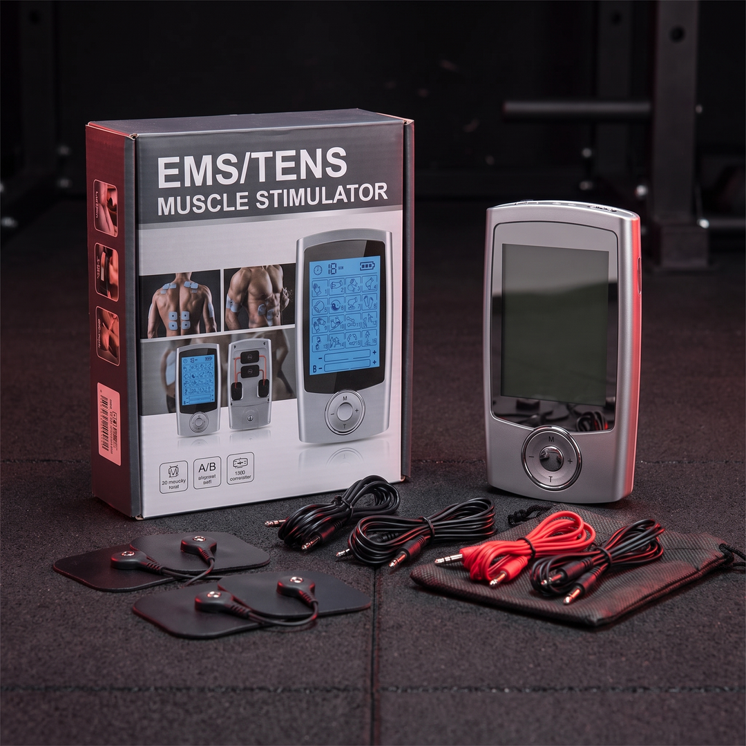 EMS TENS muscle stimulator device with retail packaging box