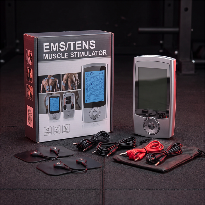 EMS TENS muscle stimulator device with retail packaging box