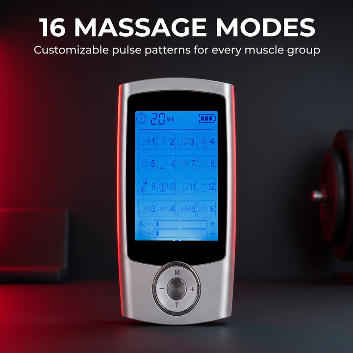 EMS TENS muscle stimulator digital display showing 16 selectable massage modes