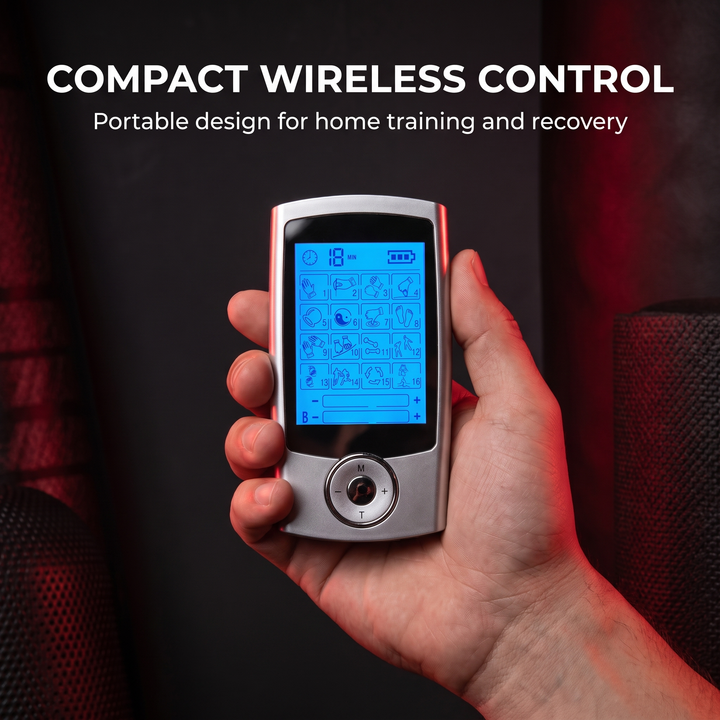 Compact wireless EMS TENS muscle stimulator controller held in hand