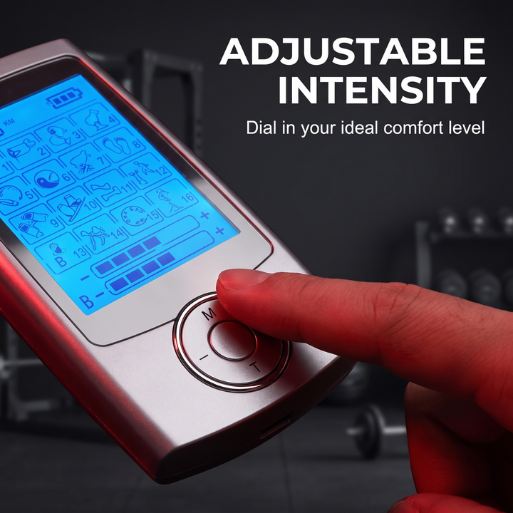 Adjustable intensity control on EMS TENS muscle stimulator