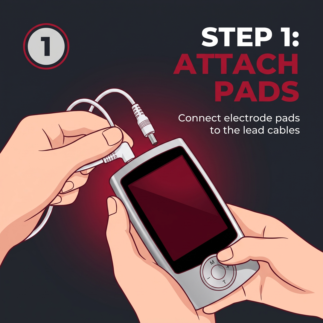 Step 1 attach electrode pads to EMS TENS muscle stimulator cables