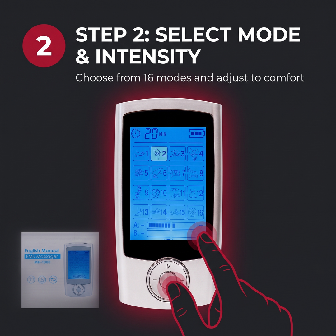 Step 2 select mode and intensity on EMS TENS muscle stimulator