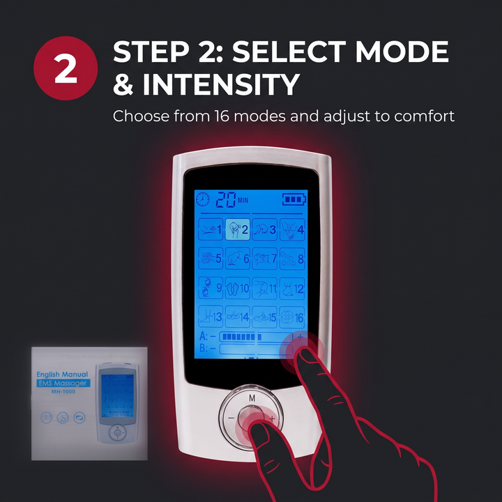 Step 2 select mode and intensity on EMS TENS muscle stimulator