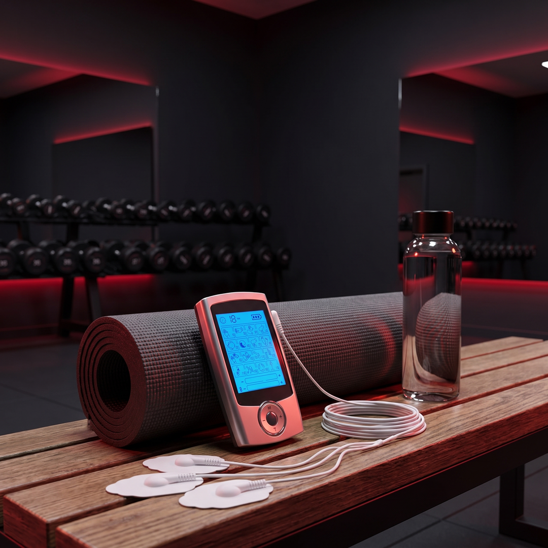 Portable EMS TENS muscle stimulator on gym bench for home training