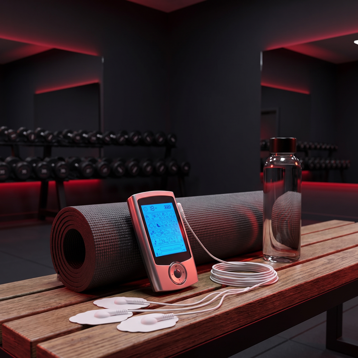 Portable EMS TENS muscle stimulator on gym bench for home training