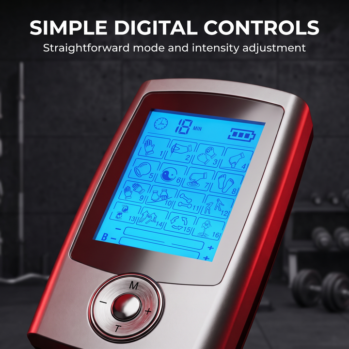 Close-up of EMS TENS muscle stimulator digital control interface