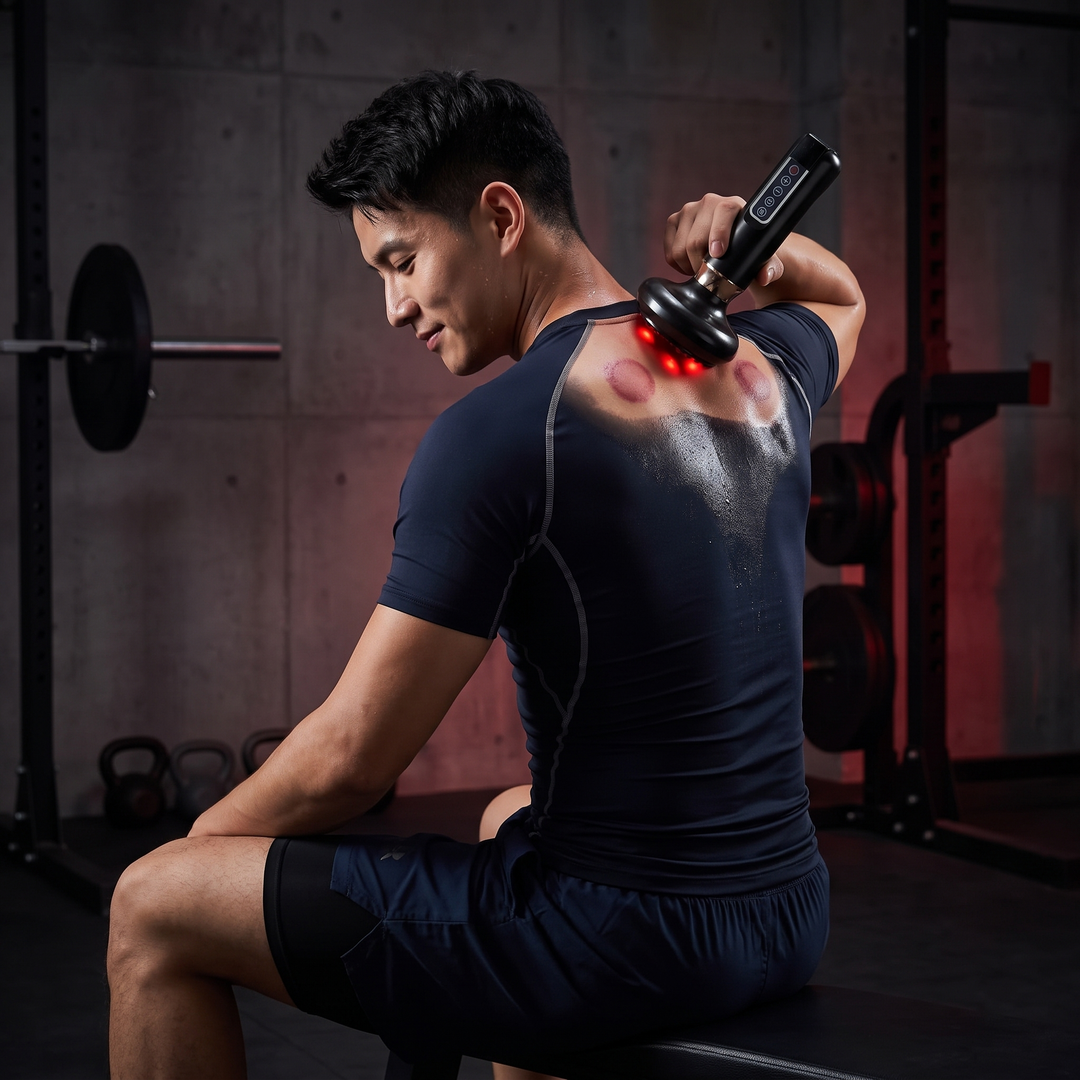 Post-workout back and shoulder muscle recovery with vacuum massager