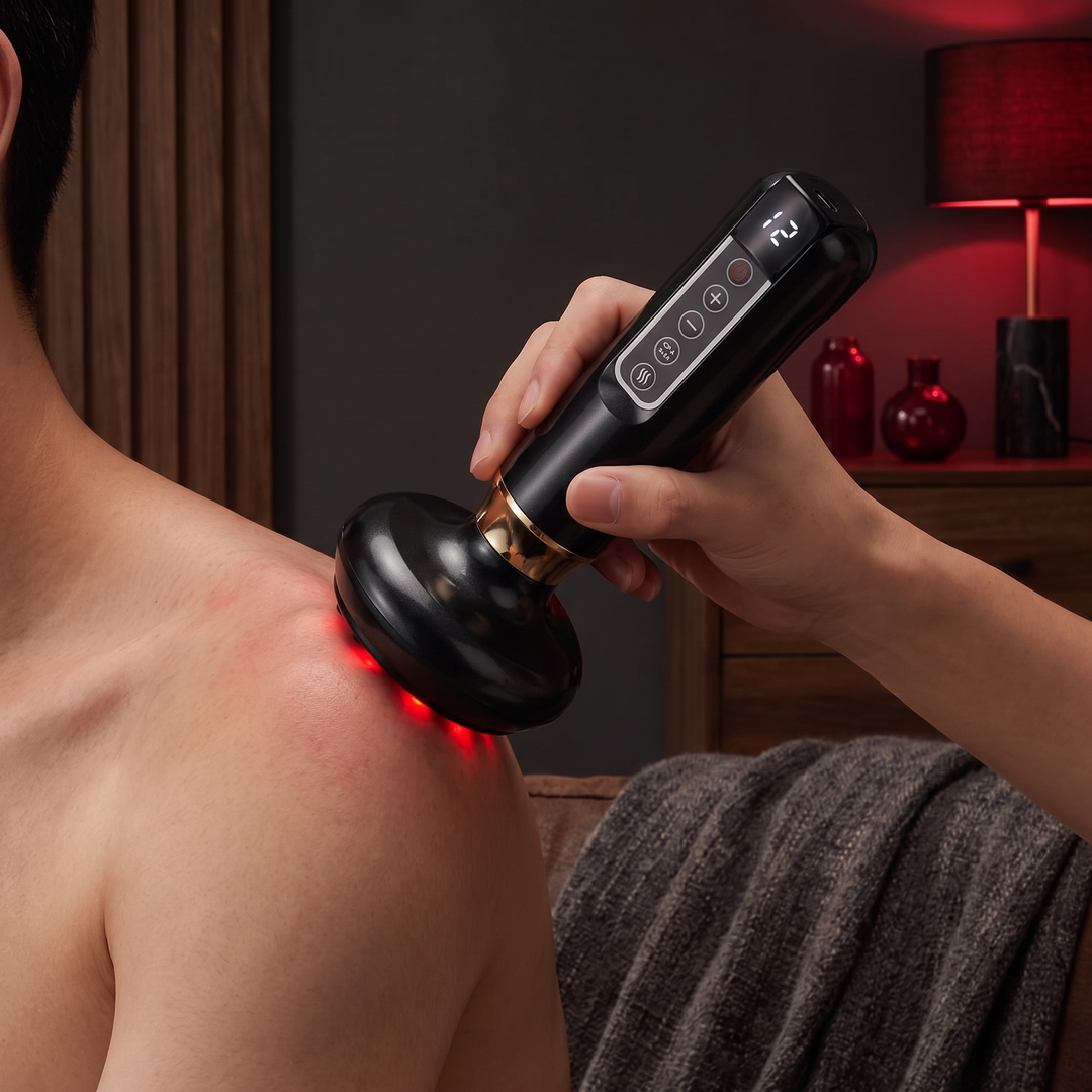 Shoulder muscle relief session at home with vacuum massager