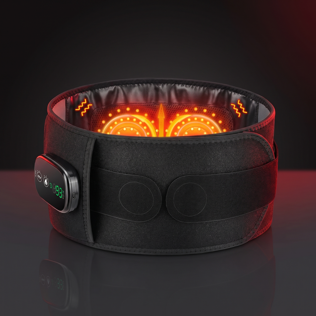 Heated waist support belt with adjustable heat and vibration massage - front hero view