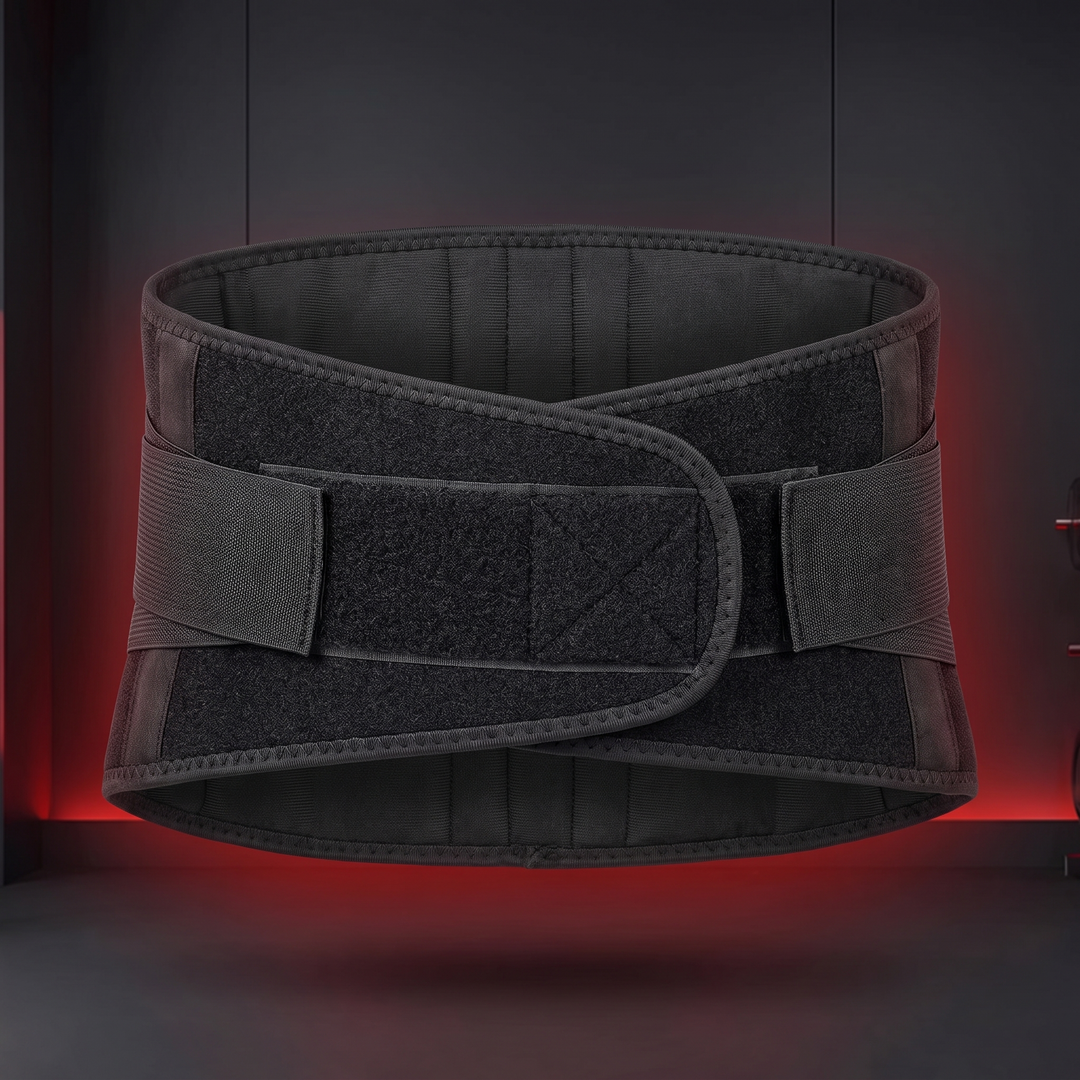 Heated waist support belt adjustable wrap-around strap - back view