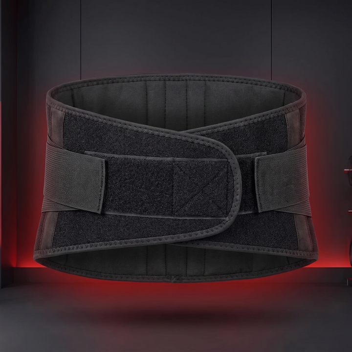 Heated waist support belt adjustable wrap-around strap - back view