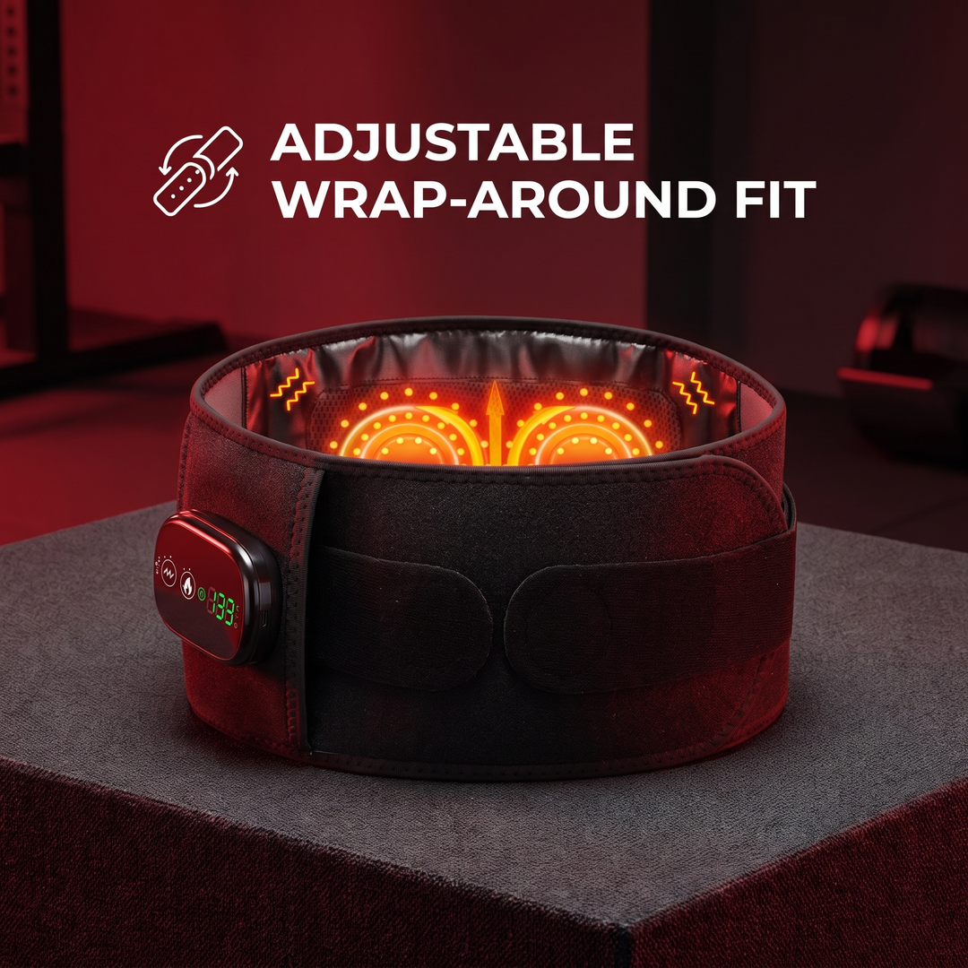 Heated waist support belt adjustable wrap-around fit feature