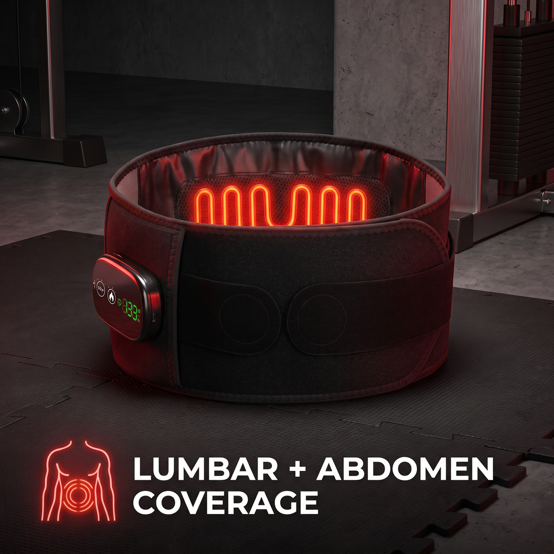 Heated waist support belt lumbar and abdomen coverage feature