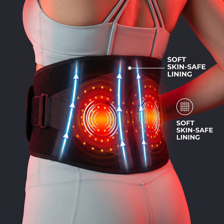 Heated waist support belt soft skin-safe lining feature