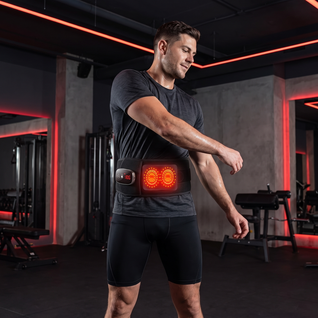 Heated waist support belt post-workout recovery lifestyle