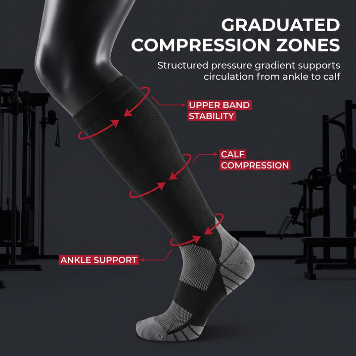 Graduated compression zones diagram - PHYSIOATHLETX compression sports socks