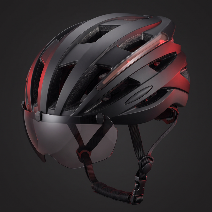 PHYSIOATHLETX Cycling Helmet - Black With Light Colorway with Magnetic Goggle Lens