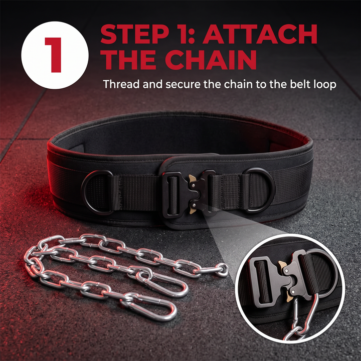 PHYSIOATHLETX Heavy-Duty Dip Belt with Chain - How It Works Step 1 Attach Chain
