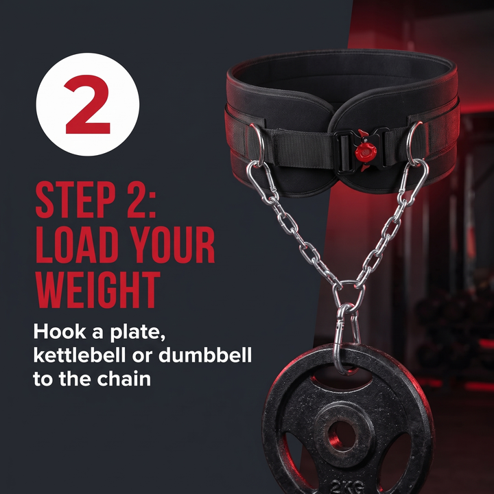 PHYSIOATHLETX Heavy-Duty Dip Belt with Chain - How It Works Step 2 Load Weight