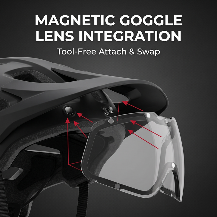 Magnetic Goggle Lens Integration - Tool-Free Attach and Swap Cycling Helmet Feature