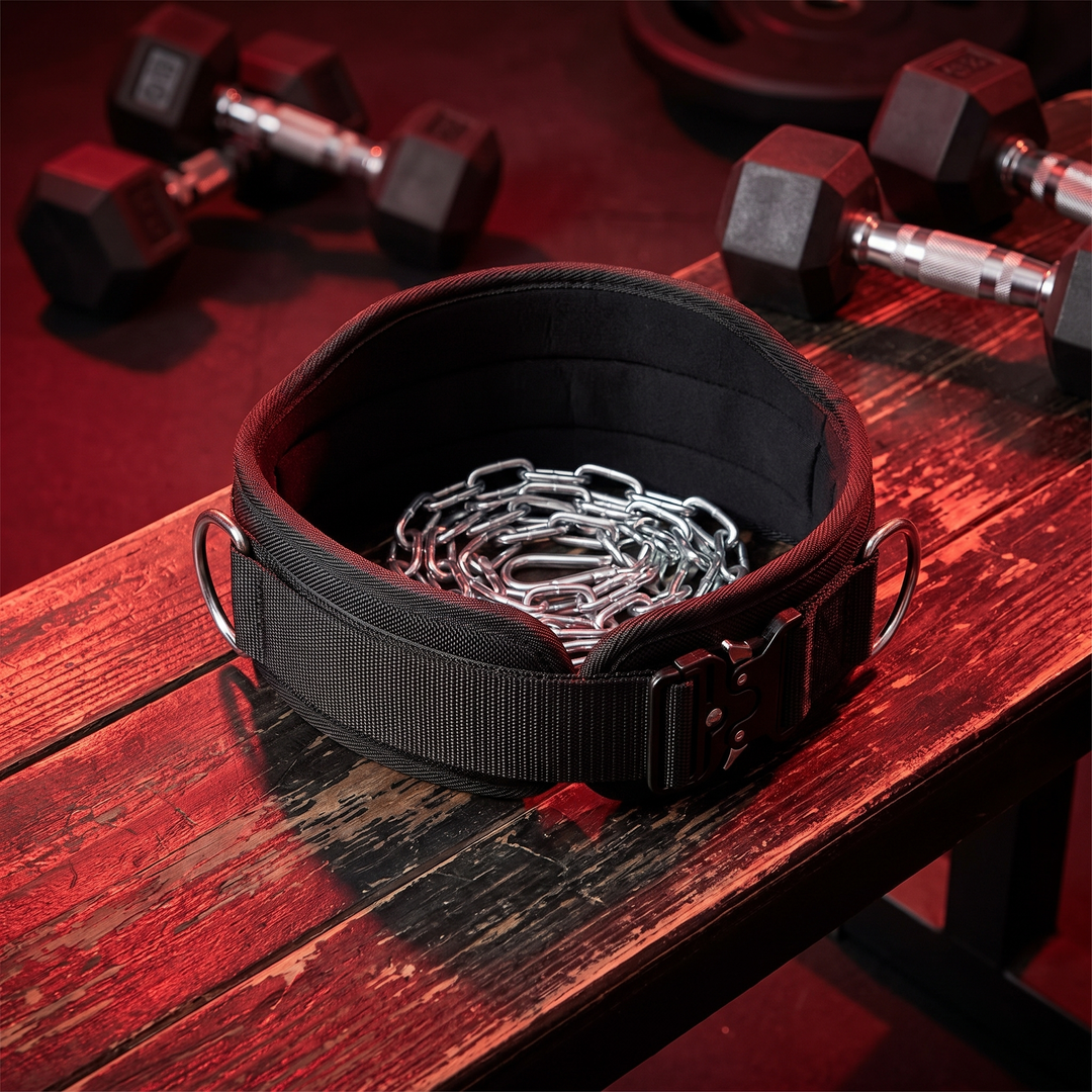 PHYSIOATHLETX Heavy-Duty Dip Belt with Chain - Coiled on Gym Bench