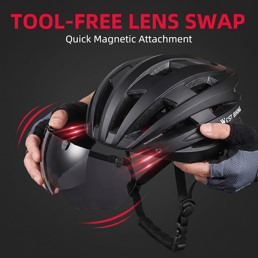 Tool-Free Magnetic Lens Swap Cycling Helmet Feature