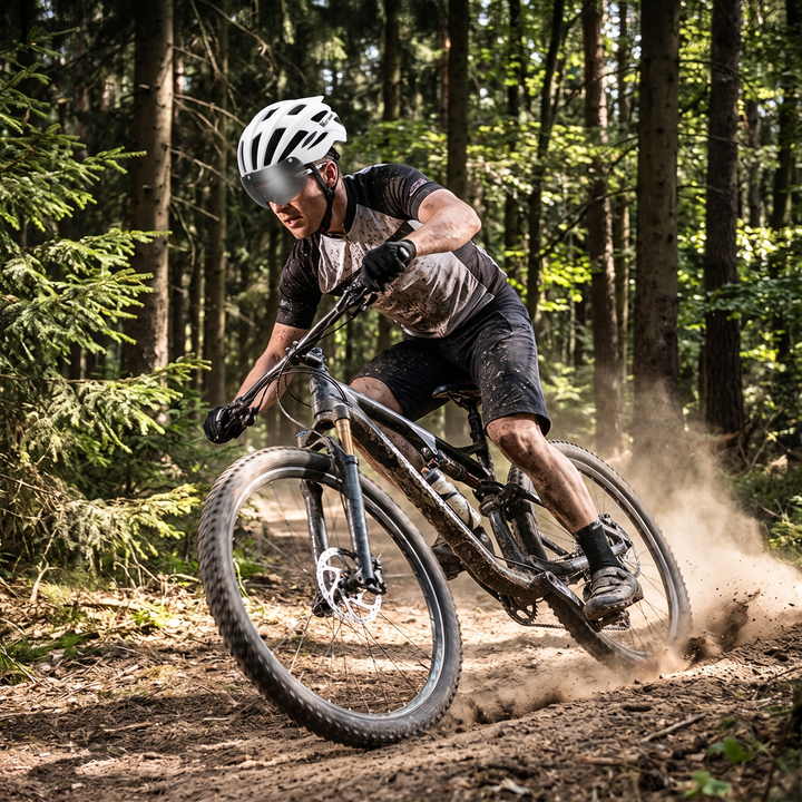 Mountain Biker Wearing PHYSIOATHLETX Helmet Trail Riding Lifestyle
