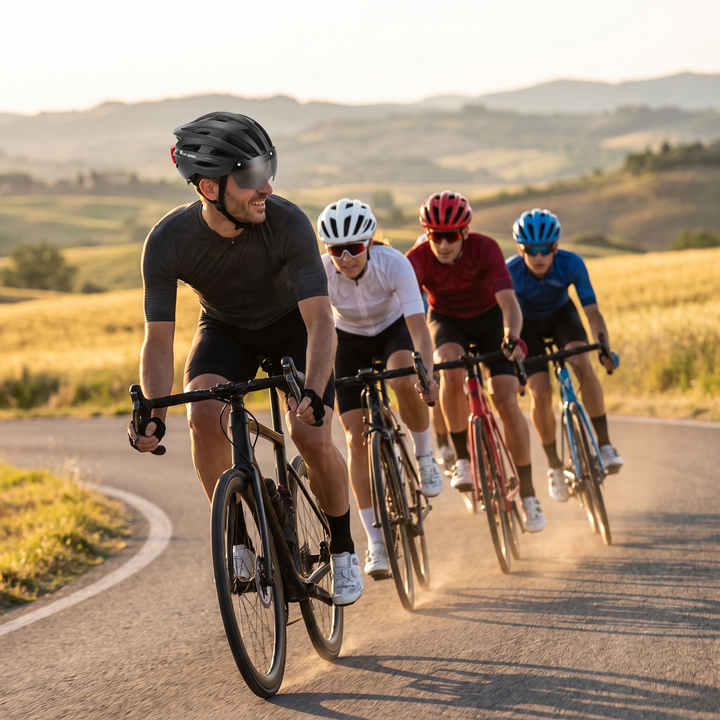 Group Road Cycling Ride Wearing PHYSIOATHLETX Helmet Lifestyle