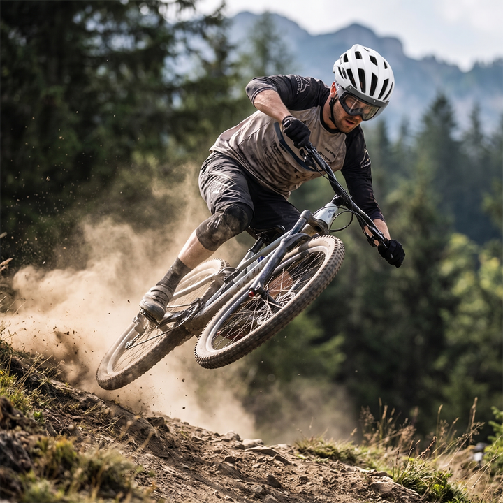 Mountain Bike Trail Jump Action Shot Wearing PHYSIOATHLETX Helmet