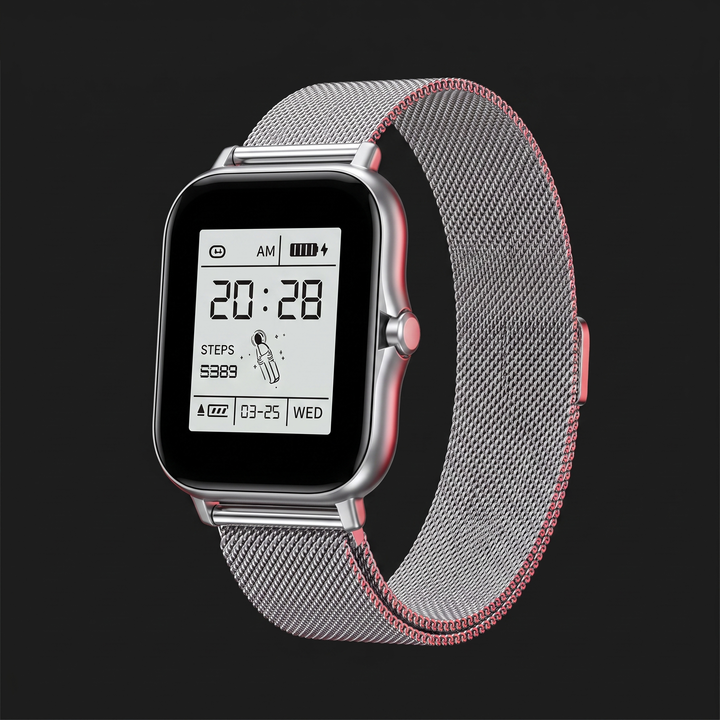 Fitness smartwatch with silver steel mesh strap