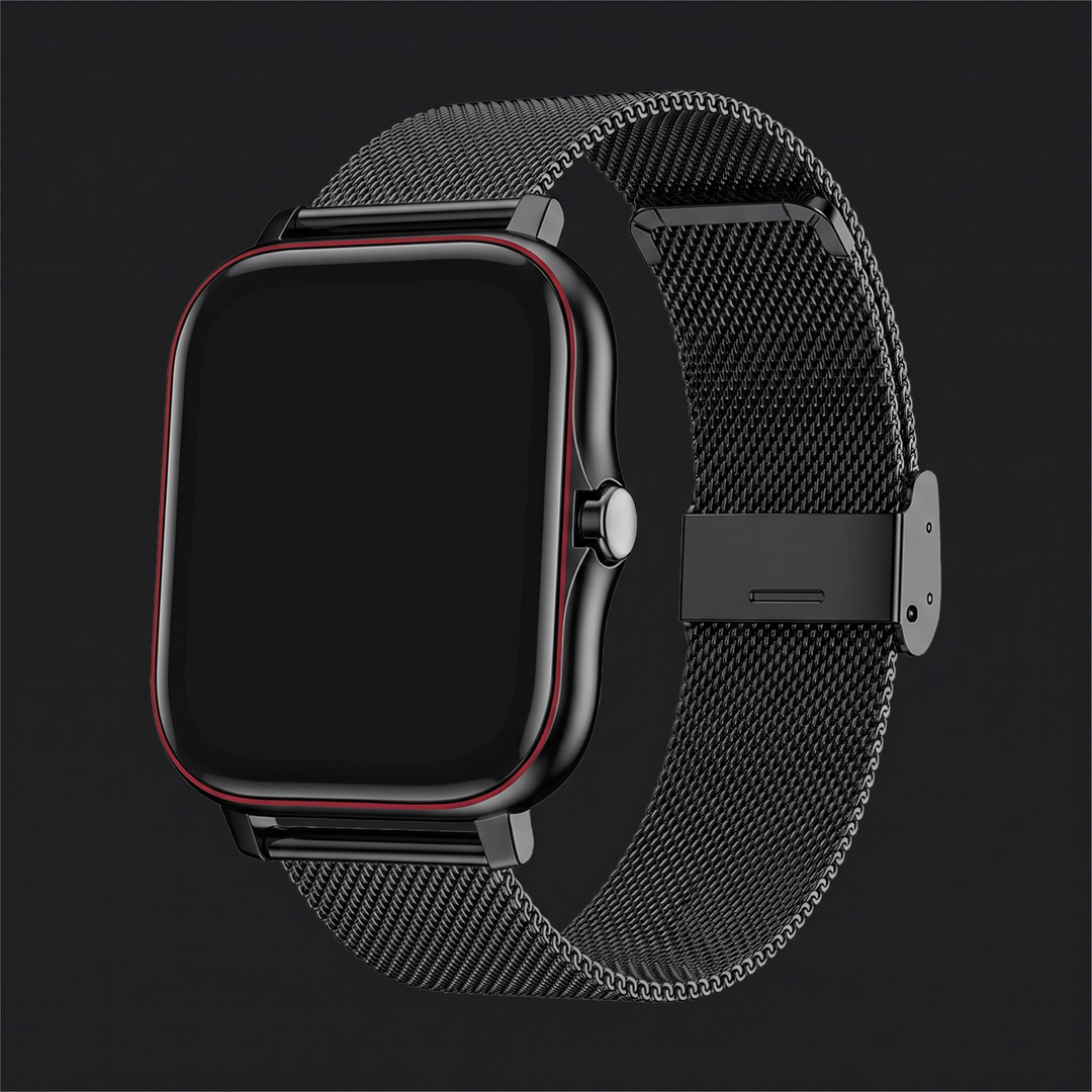 Fitness smartwatch with black steel mesh strap