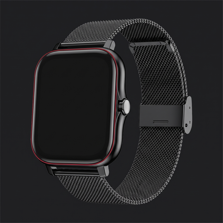 Fitness smartwatch with black steel mesh strap