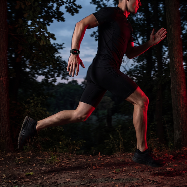 Fitness smartwatch worn while running outdoors