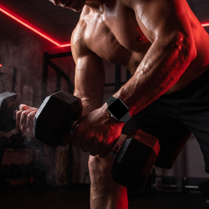 Fitness smartwatch worn during gym workout