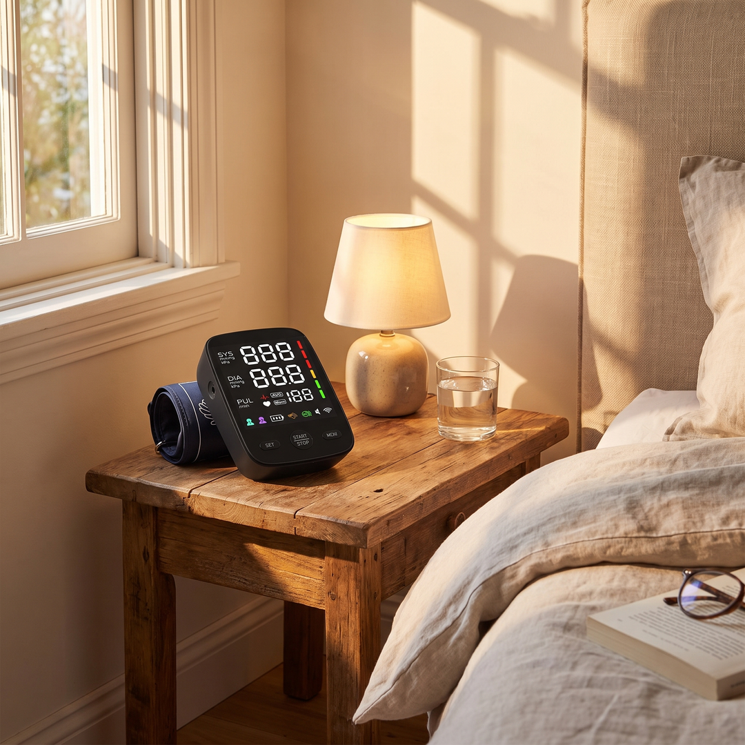 Blood Pressure Monitor on Bedside Table Home Use