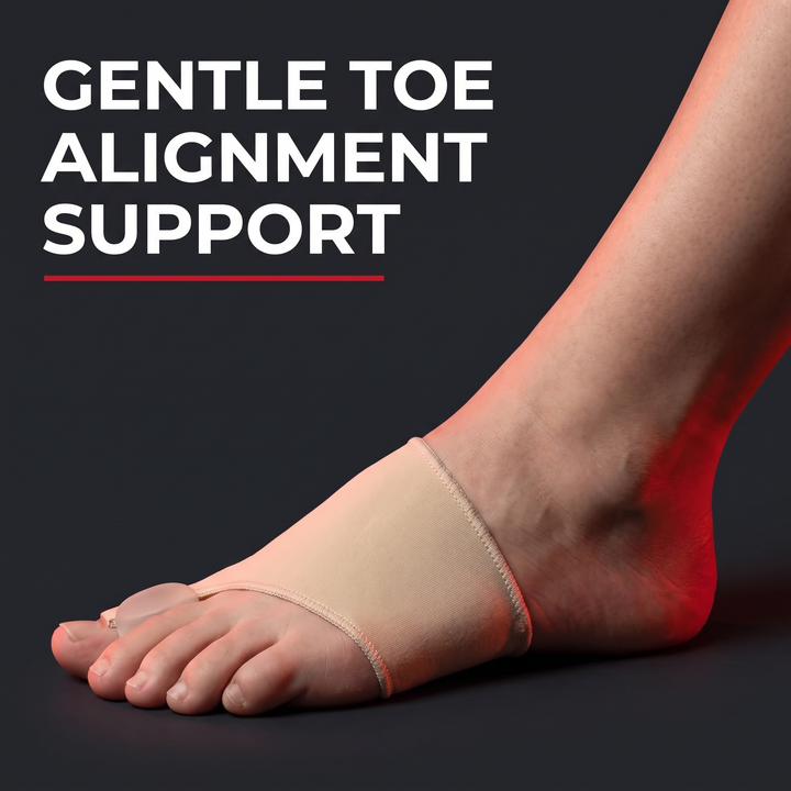 Gentle toe alignment support feature - PHYSIOATHLETX toe separator sock worn on foot